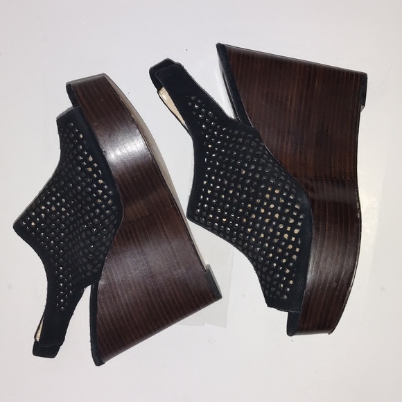 Coach Black suede open toe laser designed 8 1/2 wedge chasity - Picture 2 of 11